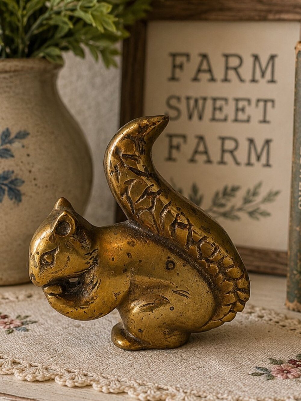 Vintage Solid Brass Squirrel Figurine 4" Farmhouse Cottagecore Woodland Décor